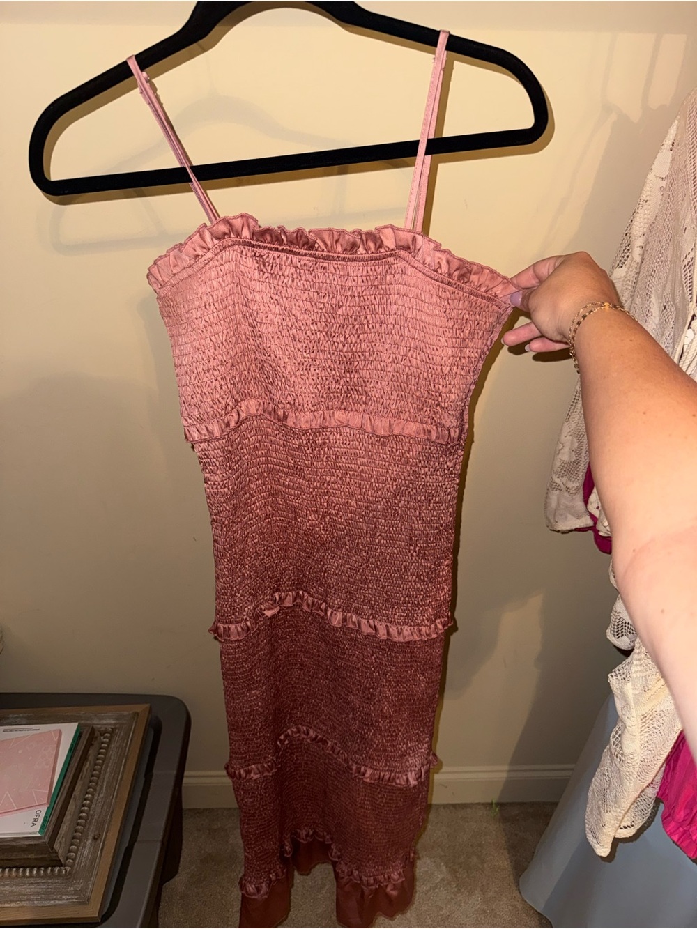 Women's Pink Smocked Midi Dress with Ruffle Trim